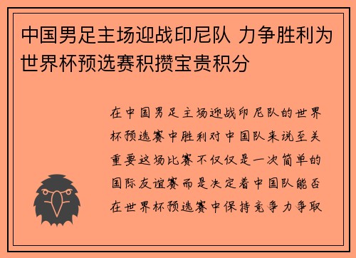 中国男足主场迎战印尼队 力争胜利为世界杯预选赛积攒宝贵积分